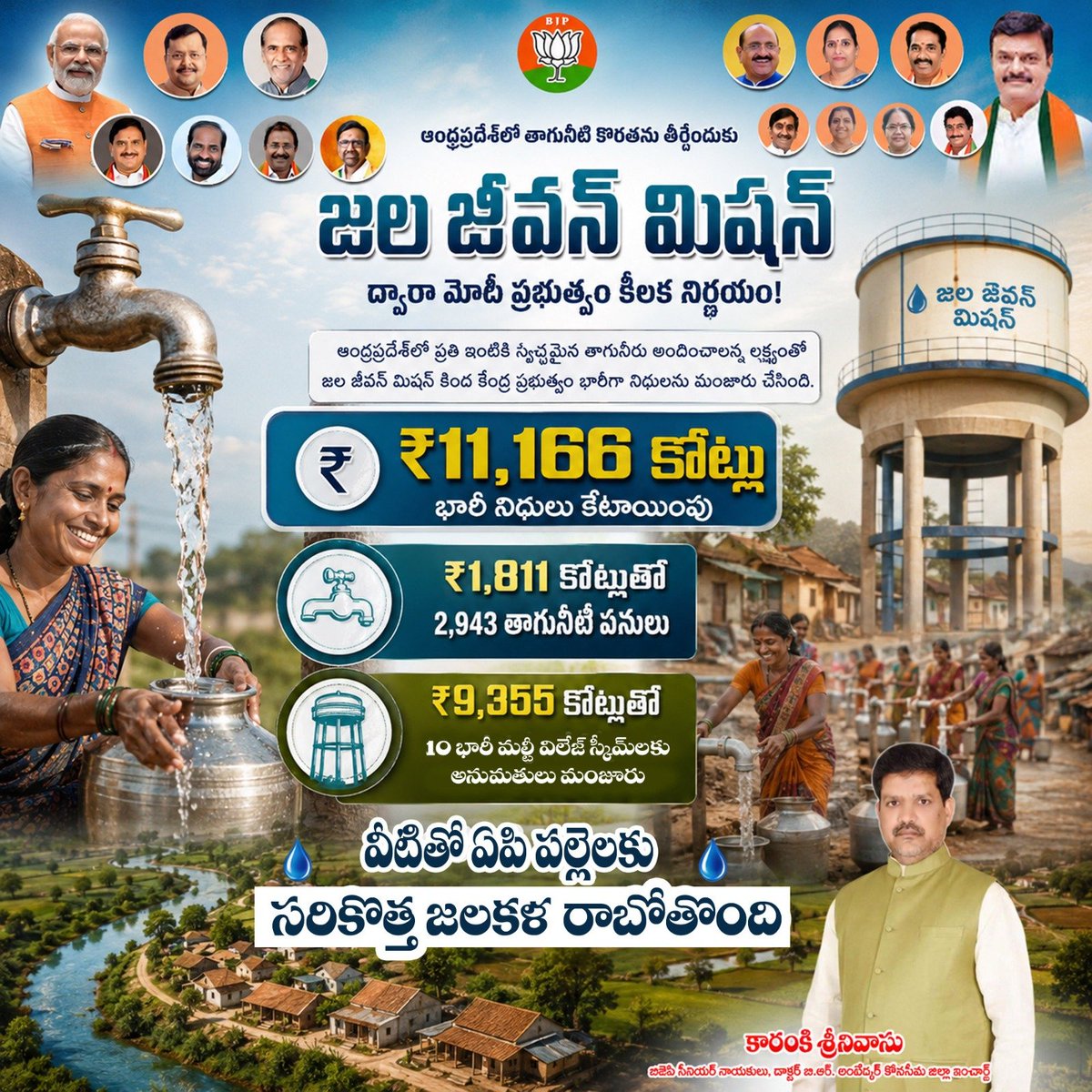 karankiBJP's tweet photo. ఆంధ్రప్రదేశ్‌లో తాగునీటి కొరతను తీర్చేందుకు జల జీవన్ మిషన్ ద్వారా రూ.11,166 కోట్ల భారీ నిధులను మోదీ ప్రభుత్వం కేటాయించింది. ఇందులో రూ.1,811 కోట్లతో 2,943 తాగునీటి పనులు, రూ.9,355 కోట్లతో 10 భారీ మల్టీ విలేజ్ స్కీమ్‌లకు అనుమతులు మంజూరయ్యాయి. వీటితో ఏపీ పల్లెలకు సరికొత్త జలకళ రాబోతోంది