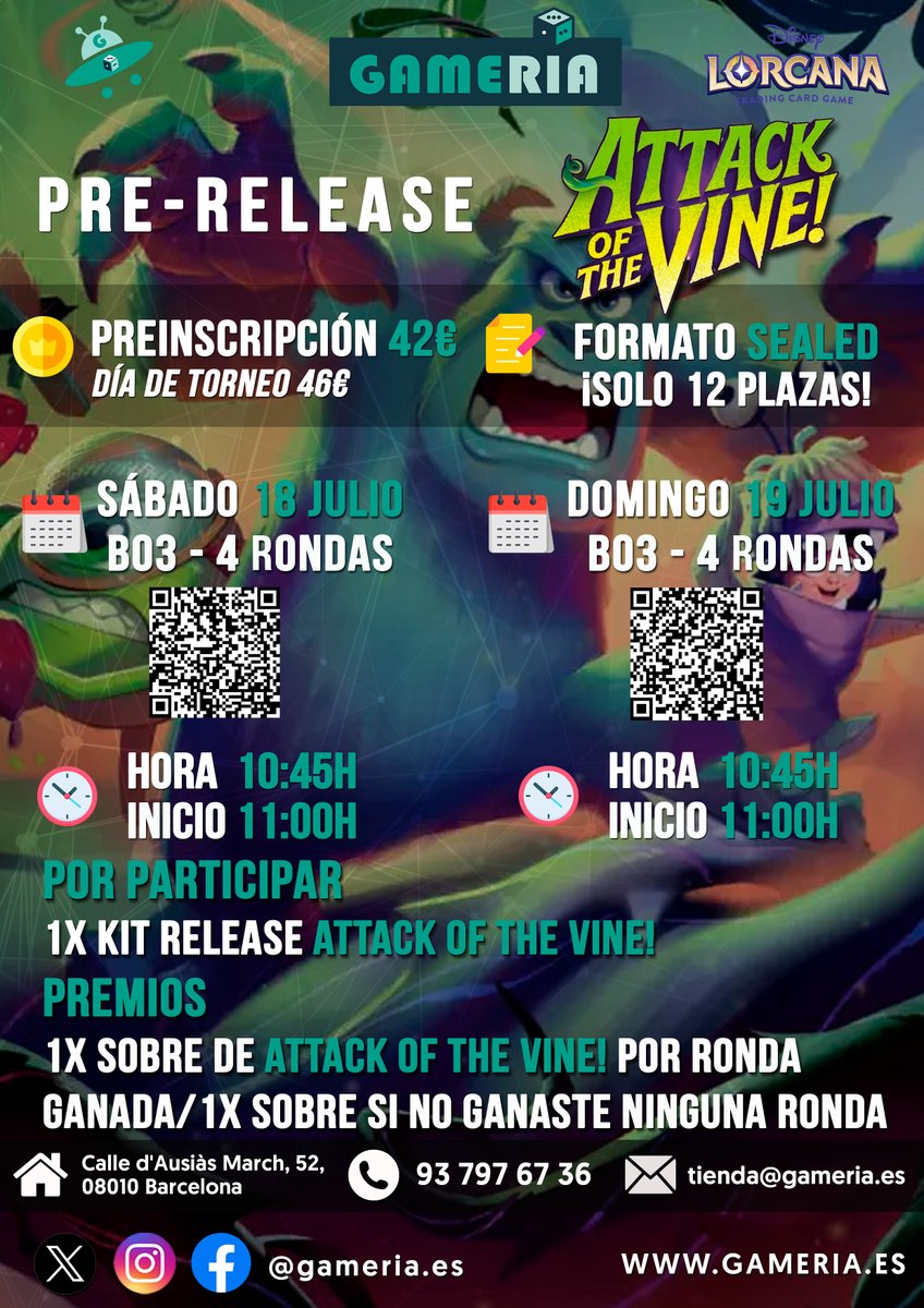 Gameriaes's tweet photo. ✨🎉 Presentación de la nueva cole de Lorcana, Attack of the vine!🏰🃏

⚠️ ¡Las plazas son limitadas! Apúntate cuanto antes y vive el lanzamiento con Gameria.

🏆 Sábado 18
👉 https://t.co/99xJROMLND

🏆 Domingo 19
👉 https://t.co/aG6NTfNrFh

#DisneyLorcana #TCG #Gameria https://t.co/l4TkKLtTOg