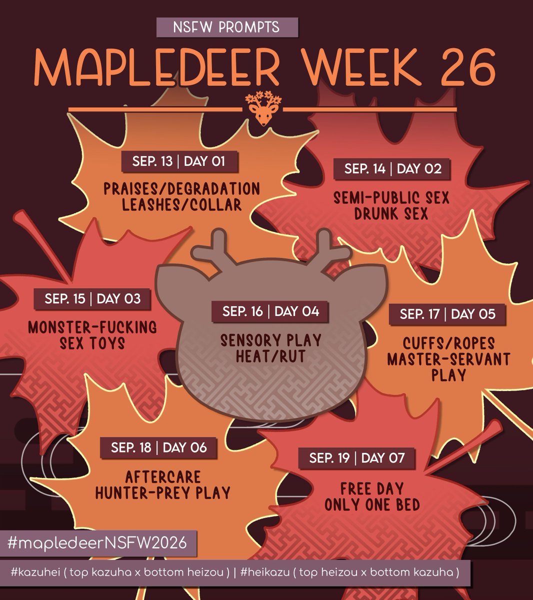 mapledeer_event's tweet photo. Here are also the 18+ prompts for #mapledeerNSFW2026
#heikazu #kazuhei https://t.co/mXMdQQpiPY