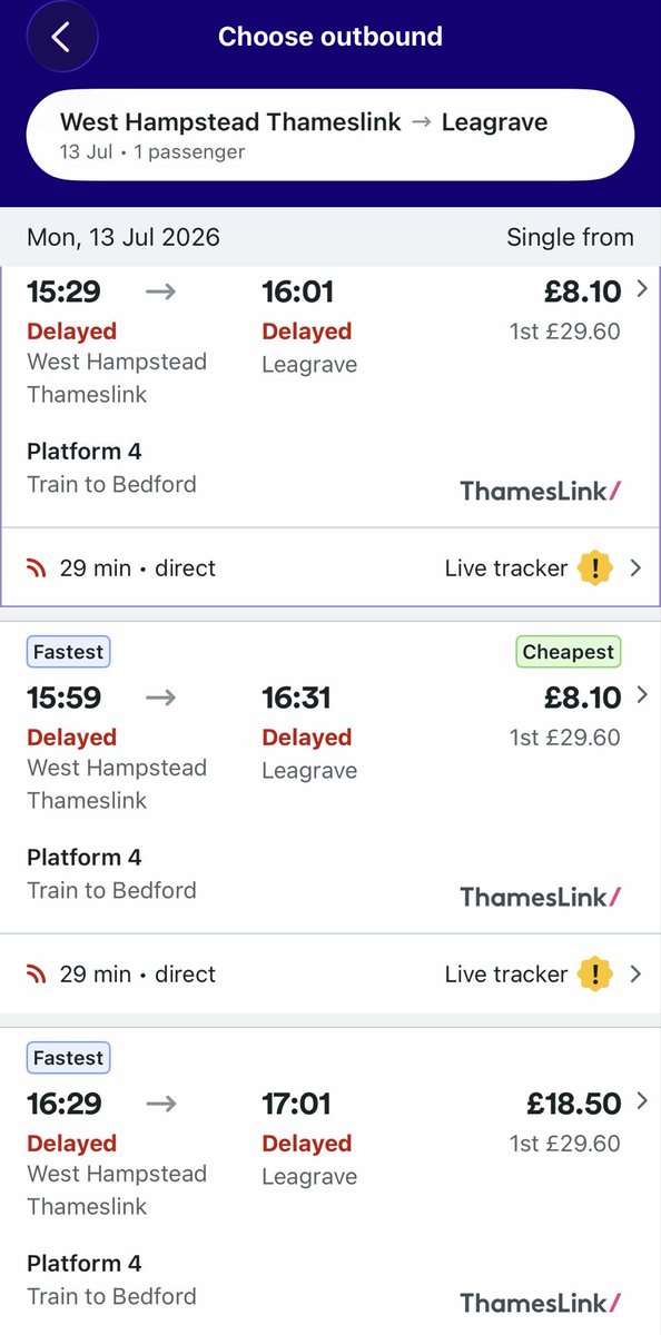 jayrahman83's tweet photo. @TLRailUK #Thameslink another successful day of train service from Thameslink. No indication of how long the delay is, just ‘Delayed’ 🤣🤣🤣 Brilliant. Very helpful. Another day, another awful Thameslink experience https://t.co/w9EYOLl0tD