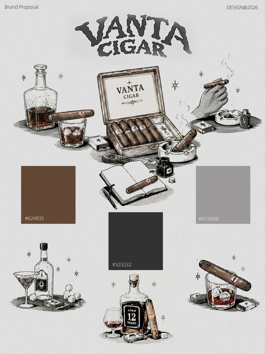 Sambozyb's tweet photo. VANTA CIGAR
A dark private cigar space for modern gentlemen.
Rugged custom logo + retro hand-drawn visuals.
Full set of store &amp; packaging branding.
Savor slow time with cigars &amp; fine spirits.
#CigarBar #VisualIdentity #NightLounge #BrandProposal https://t.co/QJNyCafq01