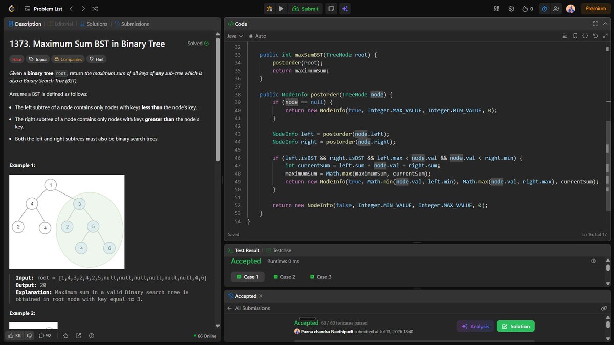 Purnachand12945's tweet photo. Day 43🚀 of  #SDESheetChallenge  by
@takeUforward_

Today I solved 4 problems:  
1.Two sum in BST
2.BST iterator
3.Size of the largest BST in a Binary Tree
4.Serialize and De-serialize BT

#SDESheetChallenge #TakeUForward #DSA #DataStructures https://t.co/DPEanFLGHo