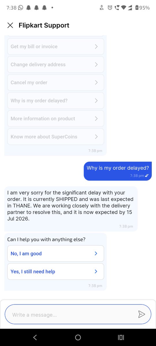 OfficialOntipir's tweet photo. @flipkartsupport @_Kalyan_K Pathetic response to delivery assistance 

Order placed 4 July 

Original delivery date 9th July 

Delayed delivery 15th July 

@_kalyan_K https://t.co/oDTY0xsKVT