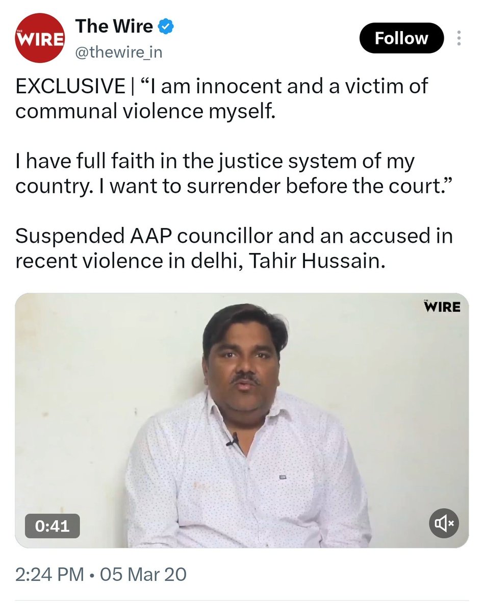 Starboy2079's tweet photo. Tahir Hussain has been convicted in the killing of IB officer Ankit Sharma.

Now check this timeline very carefully-
▪️Tahir Hussain killed Ankit Sharma on 25 February 2020.
▪️From 26 February to 5 March 2020, he was absconding.
▪️He was arrested by the Delhi Police on 5 March 2020.
▪️On the same day, The Wire broadcast a pre-recorded video featuring Tahir Hussain.
▪️This video was most likely recorded between 1 and 4 March 2020.
▪️Who recorded this video?
▪️This raises serious questions: Did someone connected to The Wire provide shelter to Tahir Hussain and help him hide? If true, it would constitute a punishable offence (harbouring a fugitive).

Straight question:
Was it you, Arfa Khanum? 
Did you record this video? 
Was Tahir Hussain hiding at your home?

Why were @khanumarfa and The Wire people never arrested or questioned in this case?