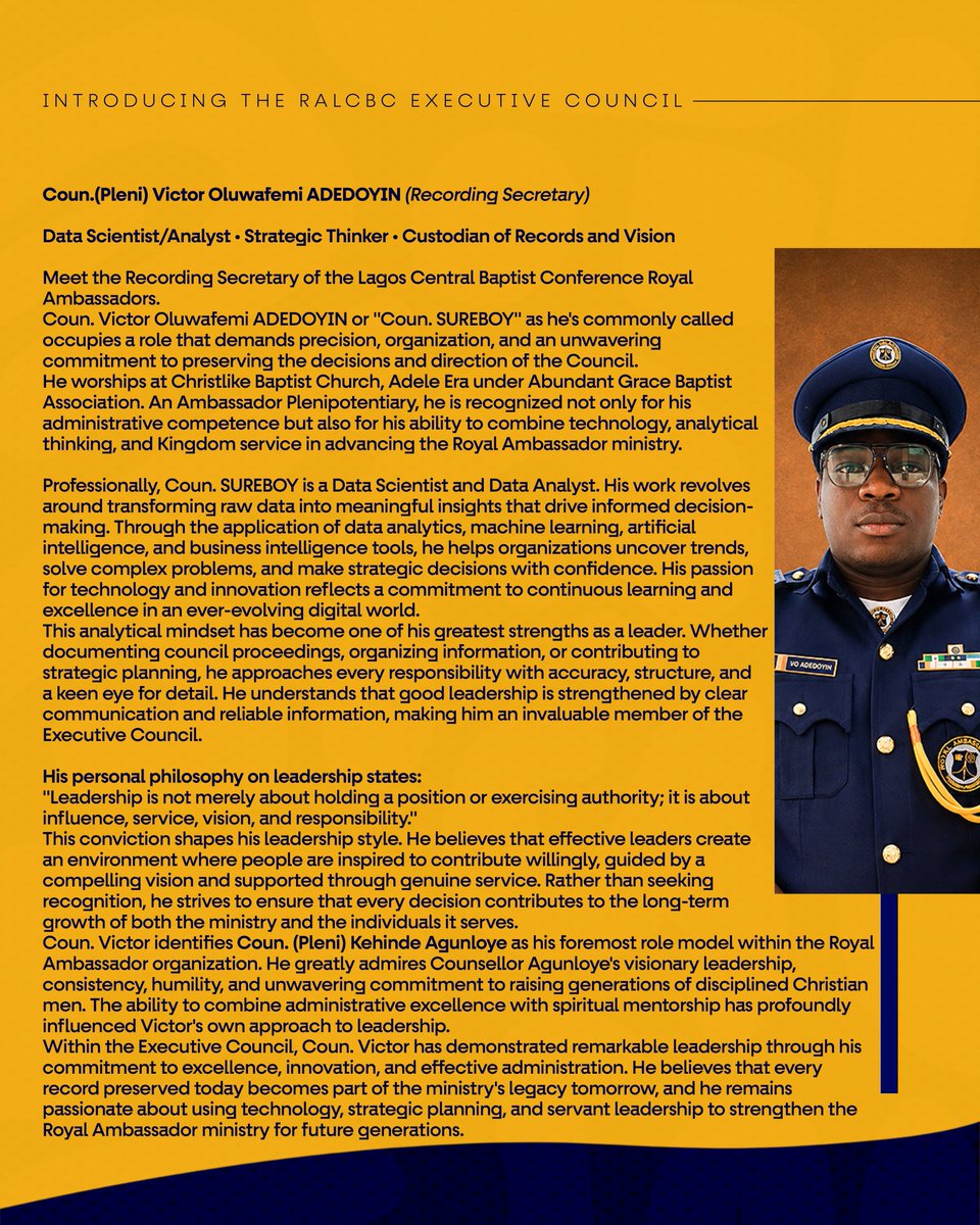 RALagosCentral's tweet photo. 'Gbemiga Bamikefa (Secretary)
"Where vision meets order. Turning decisions into direction and ideas into lasting legacy."

Victor O. Adedoyin (Recording Secretary)
"Every record tells a story. Every detail shapes tomorrow. Preserving the legacy with precision and excellence." https://t.co/2qze7A1Vsq