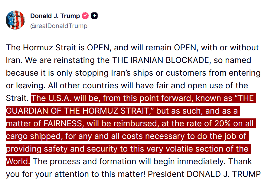 disclosetv's tweet photo. JUST IN - Trump declares the U.S. is reinstating the Iranian blockade and will serve as guardian of the Hormuz Strait, collecting a 20% toll on all cargo shipped to cover the costs of securing the waterway. https://t.co/cKc4S315fl