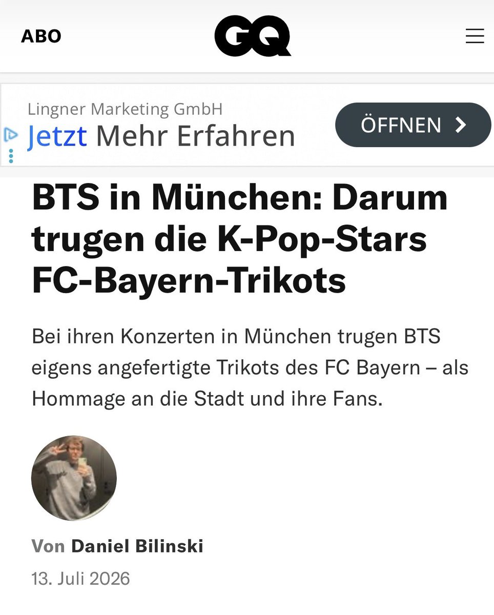 KTHGermany's tweet photo. Kim Taehyung on GQ Germany's article cover!

📰 "During their concerts in Munich, BTS wore specially made jerseys of FC Bayern – as a tribute to the city and its fans."

#KIMTAEHYUNG_WORLDTOUR_ARIRANG https://t.co/Y8B3Pnezzv