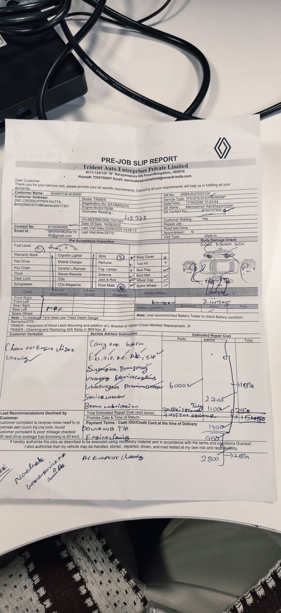 darshanskumar3's tweet photo. Don't buy renault cars , my triber is in service centre from past 1 month, I got engine problem due service negligence by Whitefield people after sales service are worst, my car is only 6 years old. Renault cars are not reliable. Attached service job card of service before trip. https://t.co/YdtANshVH4