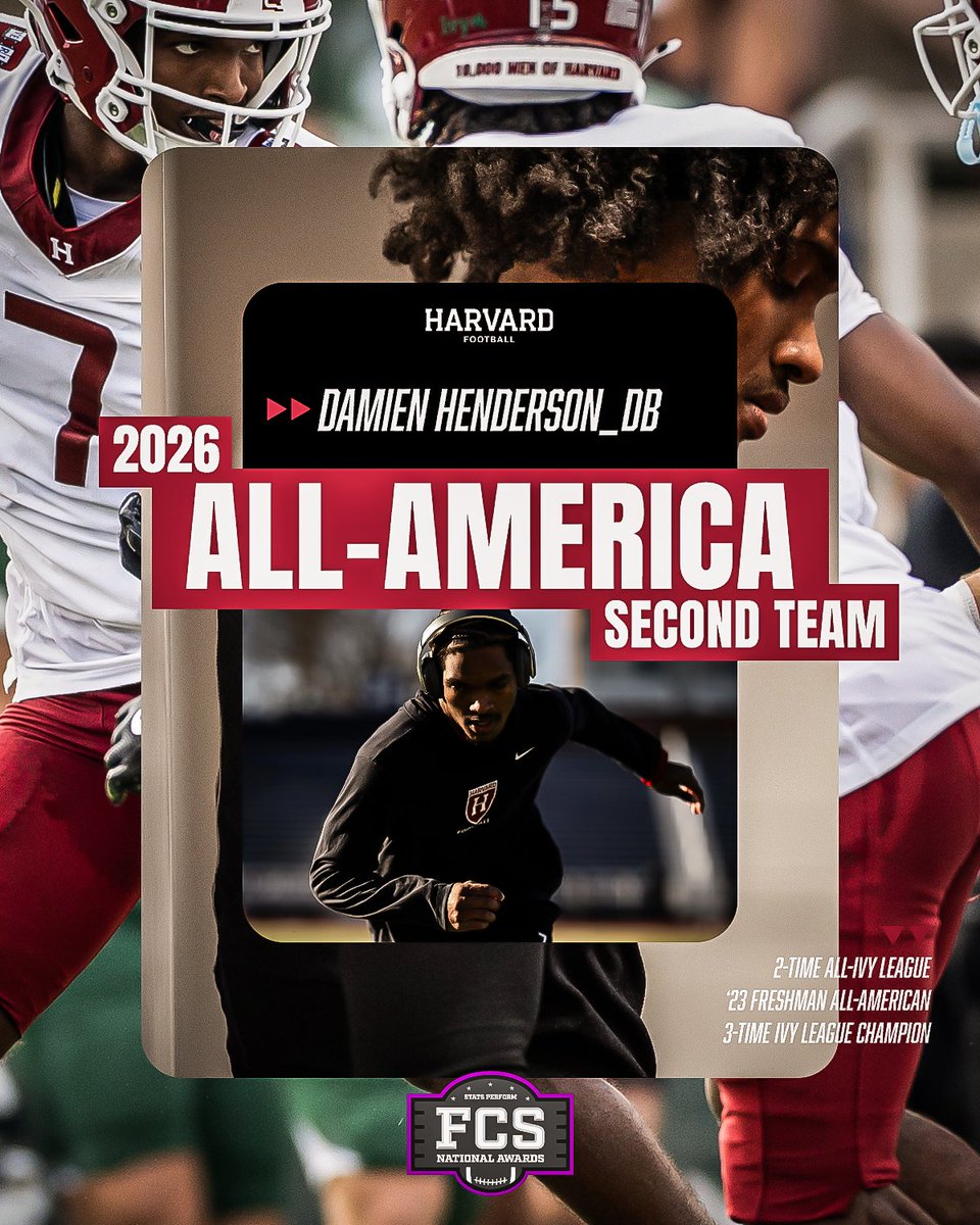 HarvardFootball's tweet photo. Making an impact since his first year, Damien Henderson is a Stats Perform Preseason All-America Second-Team selection!

https://t.co/aZDYXoE8oy

#OneCrimson #GoCrimson https://t.co/mFFe4Vv1MR