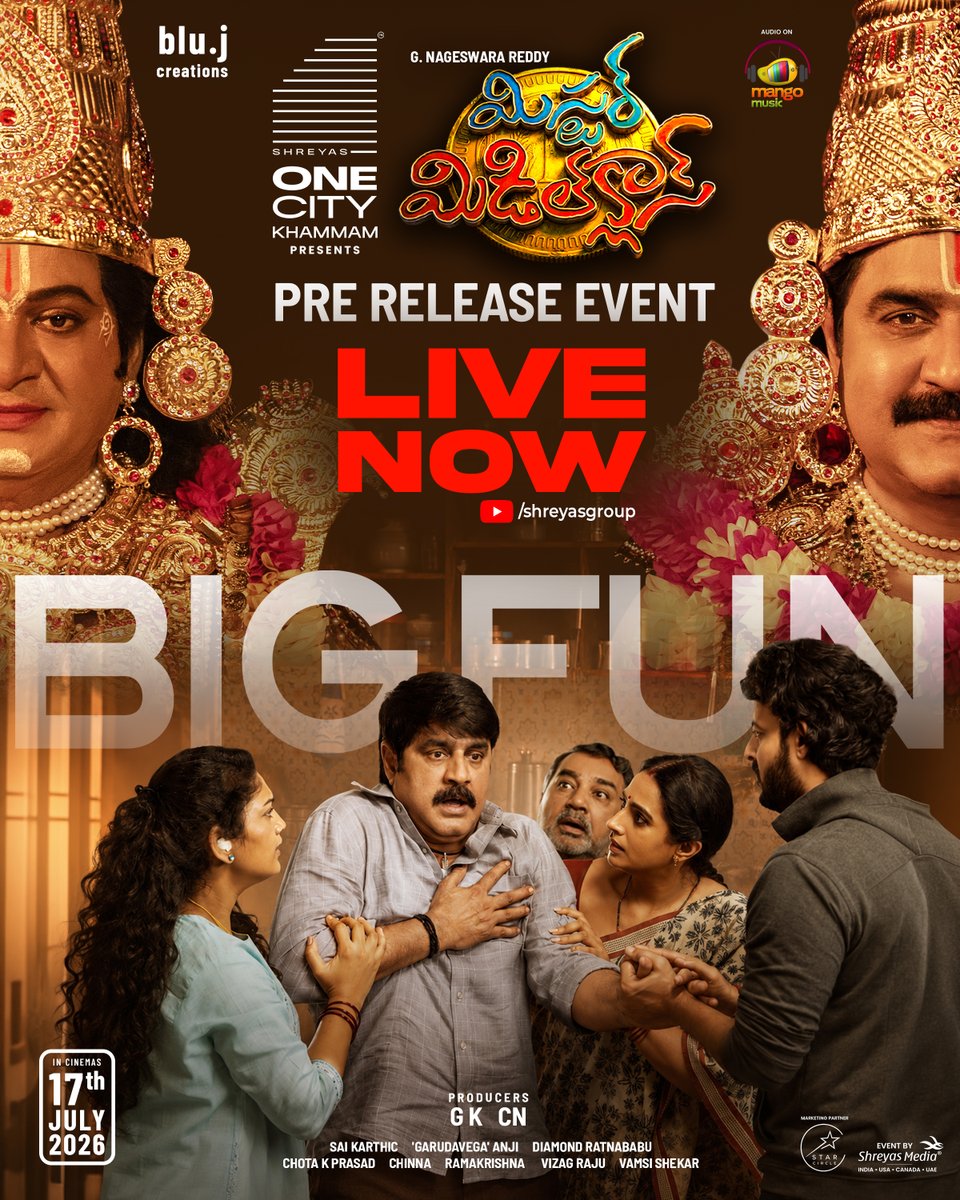 shreyasgroup's tweet photo. #MisterMiddleClass Pre-Release Event is LIVE NOW ❤️‍🔥

Watch it here ▶️ https://t.co/HdHmuYep2x 

Event by @shreyasgroup ✌️ 

Presented by @shreyasonecity 💥

In cinemas from 17th july 🎥 

#MisterMiddleClassPreRelease #MisterMiddleClassPreReleaseEvent  
@actorsrikanth #Laya @suneeltollywood @vennelakishore #Ali #Prudhviraj @DhanrajOffl @blujcreations @PrabhasSreenu_ #KarunaBhusan #Bhupalraju #ChitramSrinu #Apoorva #Rajitha #ChanduNoothi @DopAnji @ImSaiKartheek @ChotaKPrasad @ratnababuwriter @dhani_aelay #ShreyasMedia #ShreyasGroup