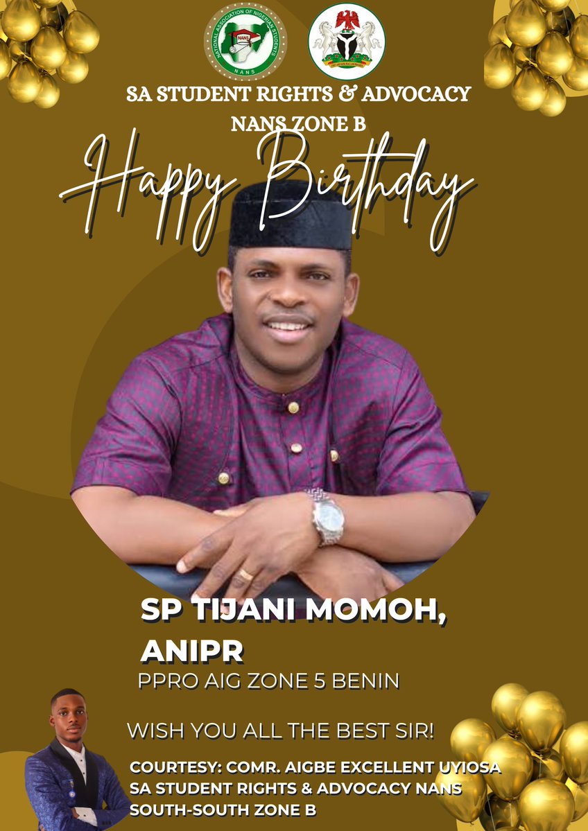 ExDatboi26266's tweet photo. HAPPY BIRTHDAY TO A DISTINGUISHED OFFICER🎊

On behalf of the Office of the SA Student Rights &amp; Advocacy, NANS South-South Zone B, 
I celebrate a fine officer, a friend of students, and a leader in policing.

SP TIJANI MOMOH, ANIPR
PPRO, AIG ZONE 5 BENIN https://t.co/BPN9dvnMc8