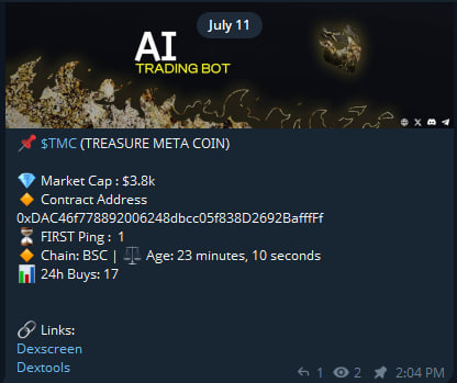 BSCAI_Bot's tweet photo. Happy Monday! Here is a win @BSCAI_Bot caught!

$TMC 3.8k to 252.42k ATH (66x)

Past results are not indictive of future results https://t.co/GkjS3xlC6f