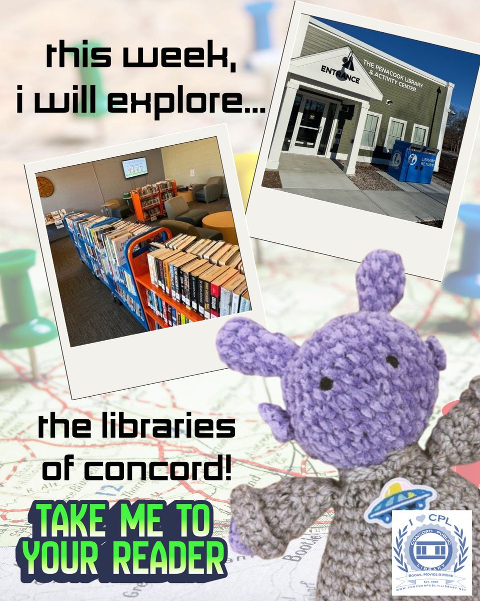 ConcordNHLib's tweet photo. This week, our space friend is very interested in the libraries of Concord. That's right - snap a photo of any of our branches and get a small prize right away, and be entered into the end-of-summer raffle! One lucky friend is going to be able to bring home Drocnoc himself! https://t.co/3qxGxSXl4b