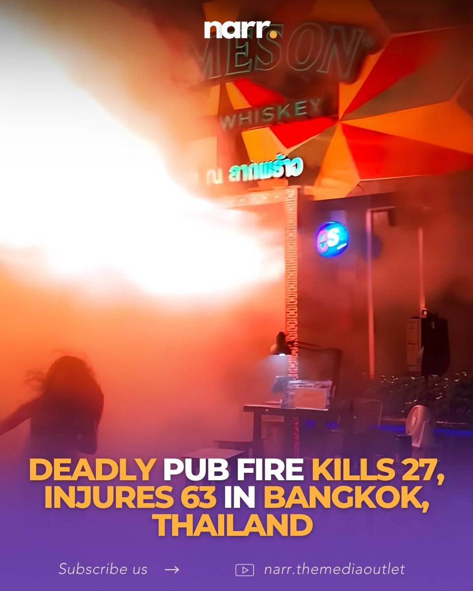 Narr_TMO's tweet photo. A massive fire at Bangkok's Na Ladprao pub killed 27 people and injured 63 after smoke and flames rapidly engulfed the packed venue. Authorities suspect an electrical fault and have launched an investigation.
#Bangkok #Thailand #BreakingNews #Fire #ThailandNews @PRThaiGov https://t.co/jvLm39oc92