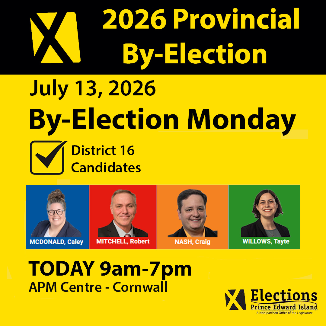 ElectionsPEI's tweet photo. It's time to VOTE District 16. Polls are open today 9am-7pm at APM Centre.  Who do you want to represent you in the PEI Legislature? Cast your ballot, let your voice be heard.
https://t.co/e20bqCYHWW https://t.co/dOtVwH02a3