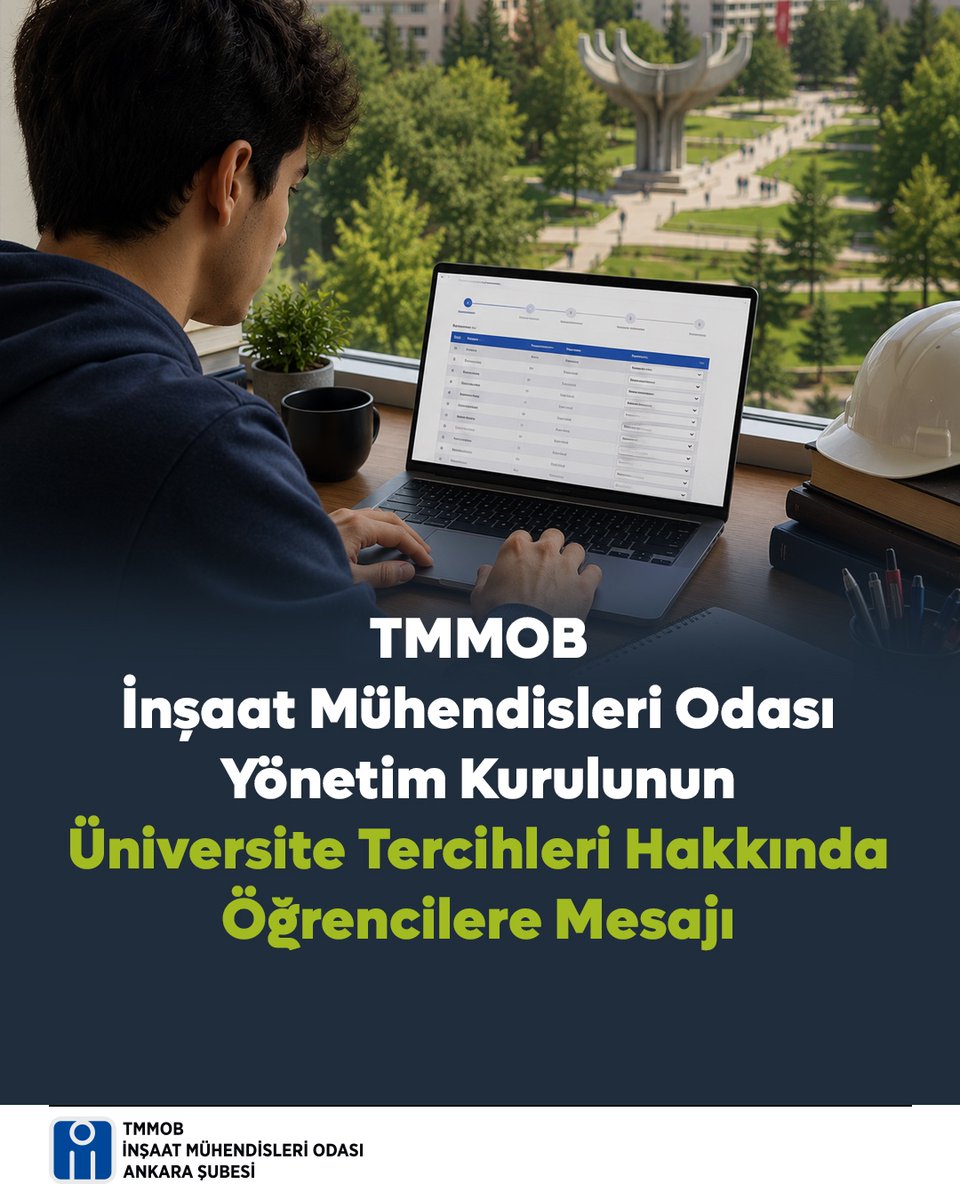IMOAnkaraSubesi's tweet photo. TMMOB İnşaat Mühendisleri Odası Yönetim Kurulu, 13 Temmuz 2026'da üniversite tercihleri hakkında öğrencilere yönelik bir mesaj yayınladı.

Yazının tamamına ulaşmak için: https://t.co/2IGBTTiEeP https://t.co/h0gEPhBBhj