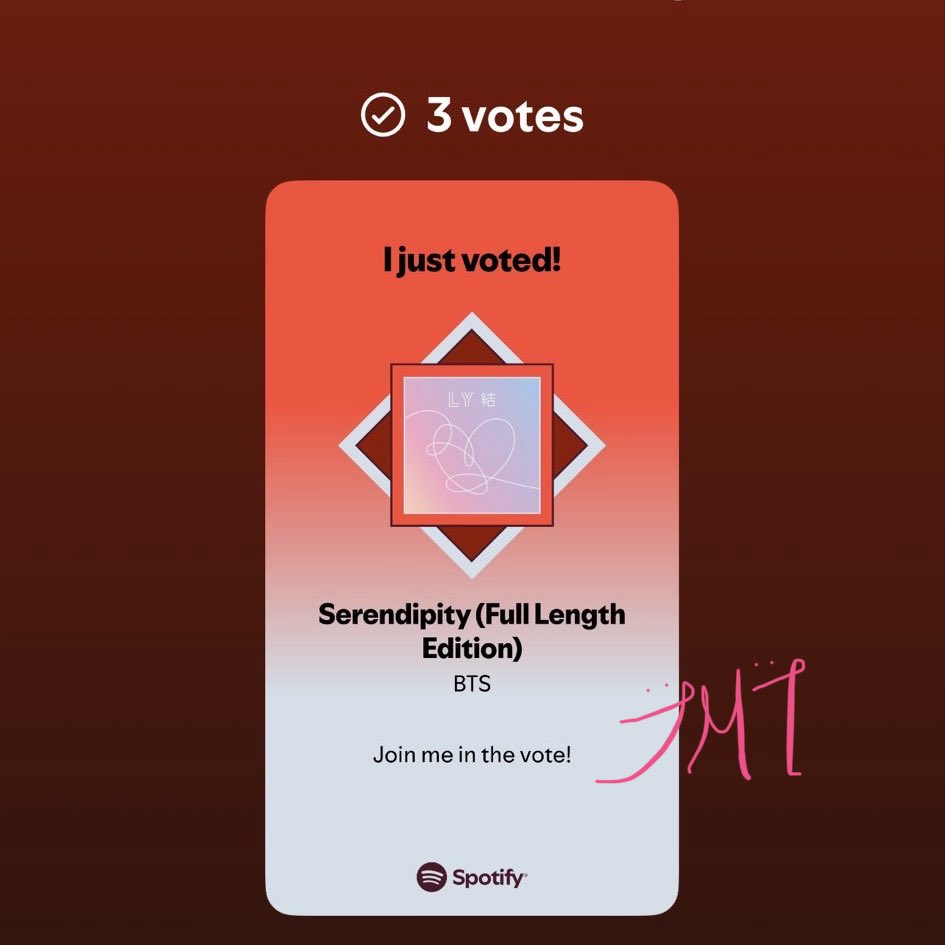 jiminticaI's tweet photo. spotify created 7 playlists, one for each bts member. vote for jimin's "serendipity" as the song that best matches him so it gets added to the official bts "Normal" playlist!

🔗 https://t.co/4uiN1V7Qfs https://t.co/DSjUizdlZj