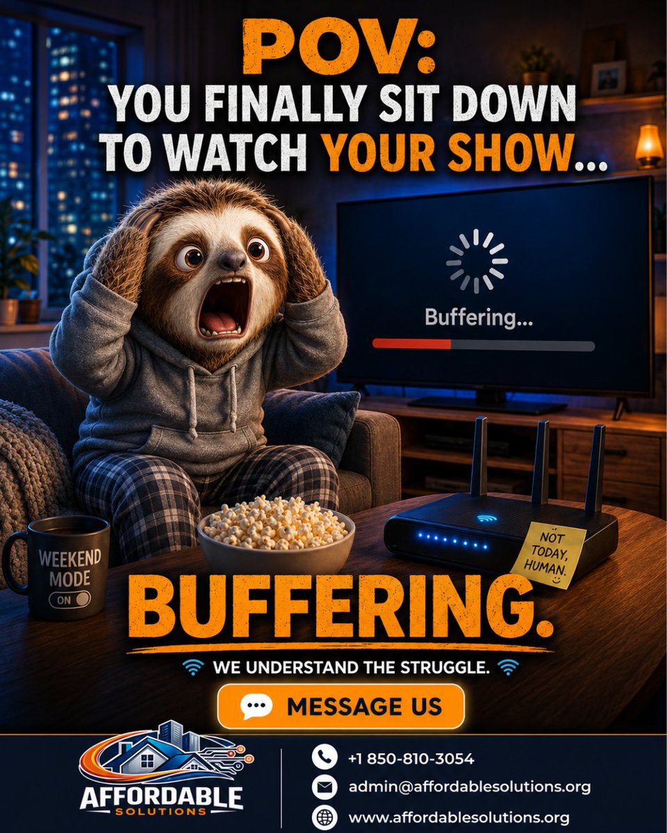 Affordable43652's tweet photo. We’ve all been there...
Call: (850) 660-7494
Visit: https://t.co/LZotzNAqAF
Email us at: admin@affordablesolutions.org
#POV #Buffering #WiFiProblems #StreamingLife #MovieNight #WeekendVibes #ReliableInternet #FastWiFi #HomeInternet #InternetProvider #AffordableSolutions https://t.co/GKYnBm9BWW