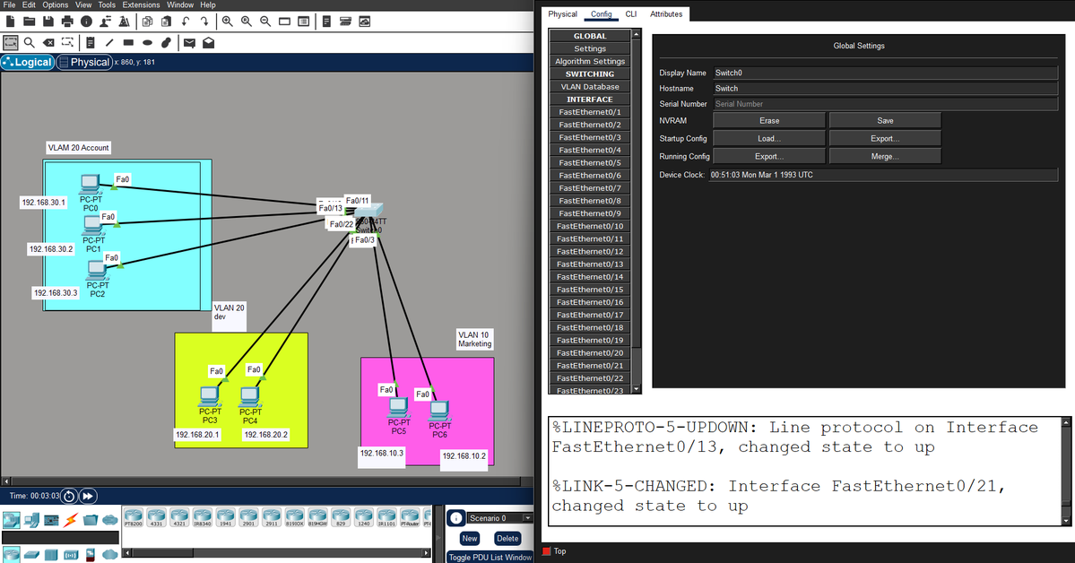 samyamss's tweet photo. #LSPPDay42
Today I learned VLAN (Virtual LAN) configuration in Cisco Packet Tracer, including creating VLANs, assigning switch ports, separating devices into broadcast domains, and configuring IP addresses for end devices.
@lftechnology
#60DaysOfLearning2026 #LearningWithLeapfrog https://t.co/ihP3CiK3H5