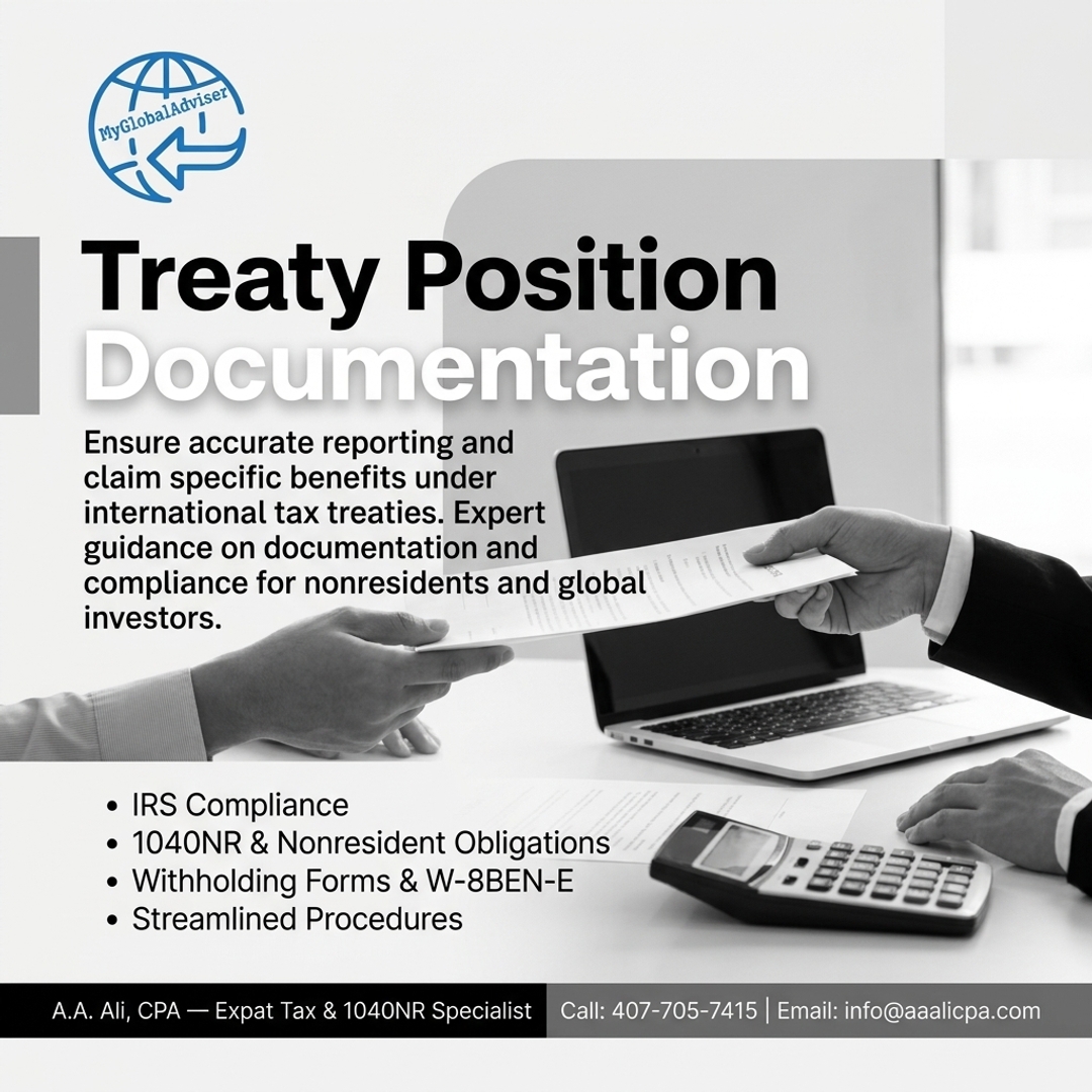 alla79242's tweet photo. Before claiming a treaty-based position, nonresidents should confirm documentation, withholding forms, and 1040NR consistency; call 407-705-7415 or email info@aaalicpa.com. #myglobaladviser #taxseason #1040NR #nonresidenttax #USTax #taxcompliance https://t.co/KlYTTn2Qfr