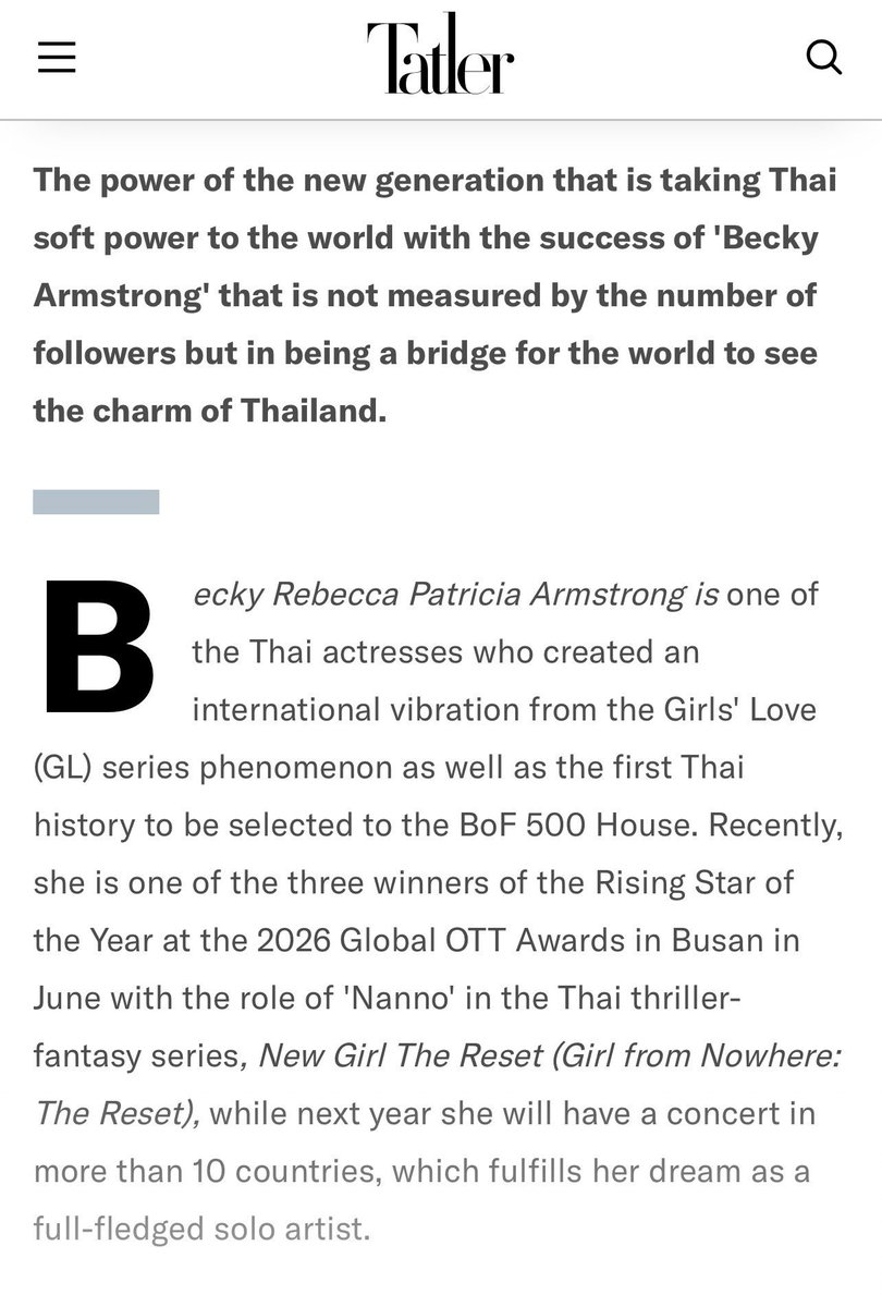 magxfbb's tweet photo. "el próximo año tendrá un concierto en más de 10 países, que cumple su sueño como solista ."
SE NOS VIENE GIRA MUNDIAL DE BECBEC, POR ESO NO ESTARÁ TANTO EN TAILANDIA

....... 

Becky Rebecca Patricia Armstrong es una de las actrices tailandesas que creó una vibración internacional del fenómeno de la serie Girls' Love (GL), así como la primera historia tailandesa en ser seleccionada para la Casa BoF 500.

Recientemente, es una de las tres ganadoras de la estrella en ascenso del año en los Premios Globales OTT 2026 en Busan en junio con el papel de Nanno en la serie tailandesa de thriller y fantasía New Girl The Reset (Girl from Nowhere: The Reset), mientras que el próximo año tendrá un concierto en más de 10 países, que cumple su sueño como solista."
#beckysangels
