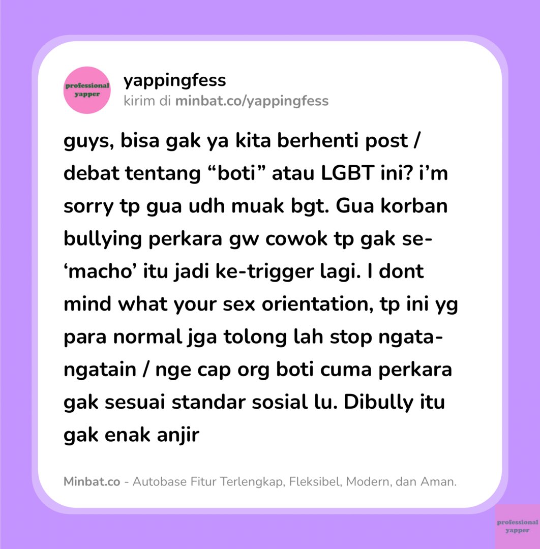 yappingfess's tweet photo. Yap! gw jd ngerasa gak ada safe place lg anjir. Dipaksa buat ngikutin “standar” sampe gw gak bisa sayang &amp; jadi diri sendiri. Sumpah, sakit sih kalian. https://t.co/xInX8qWIuG