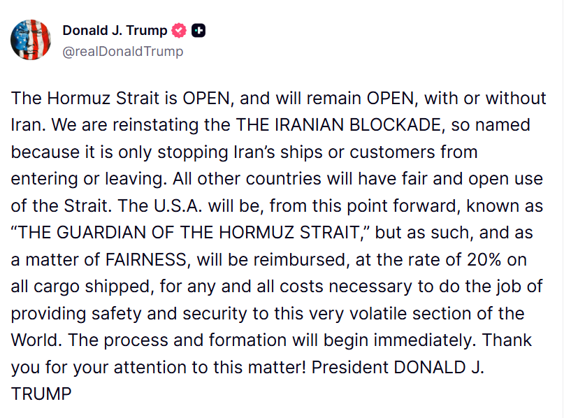BNODesk's tweet photo. BREAKING: Trump says Iranian blockade is being reinstated, ships going through the Strait of Hormuz will be charged a 20% fee to 'reimburse' the U.S. https://t.co/ELv6sMH1sM