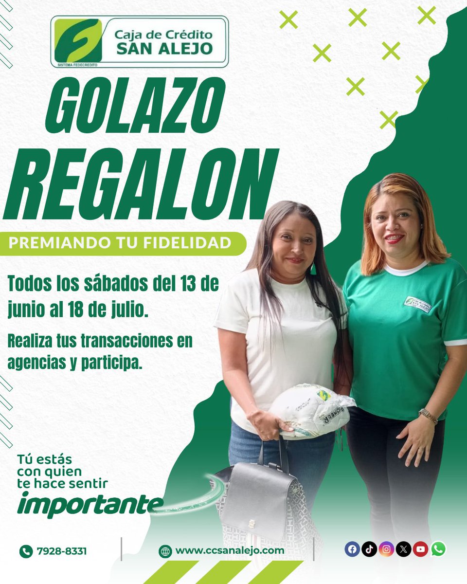 CajaAlejo's tweet photo. ⚽🎉 ¡Llega el momento de demostrar tu puntería con el #GolazoRegalón! 🎉⚽
Realiza tus transacciones financieras  y tendrás la oportunidad de entrar a la cancha para intentar anotar un gol. 🥅⚽
📅 Promoción válida todos los sábados comprendidos del 13 de junio al 18 de julio. https://t.co/739aj2MtwN