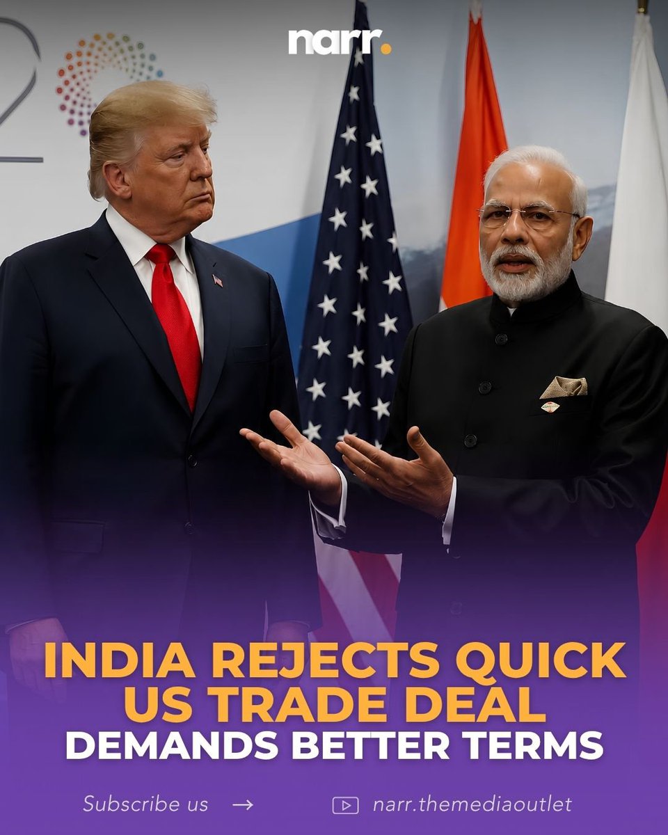 Narr_TMO's tweet photo. India says it won't sign a US trade deal unless it protects its economic interests. With exports rising and growth improving, New Delhi is holding out for better tariff terms.
#India #USA #TradeDeal #Tariffs #Economy @narendramodi @USTradeRep https://t.co/wiSg9eZEnh