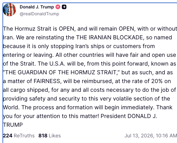 JasonMBrodsky's tweet photo. #BREAKING: President Trump announces the U.S. is reinstating the American naval blockade on #Iran's regime. https://t.co/gB56ZB53q7