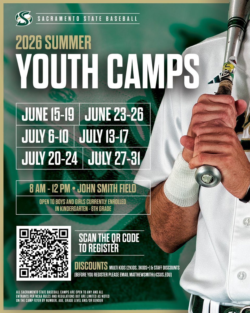 SacStBaseball's tweet photo. ⚾️ Only TWO Sacramento State Baseball Youth Camps remain! Spots are filling fast, and space is limited. Don't miss your chance to learn from the Hornets this summer!

📅 Limited slots available—register today:
 https://t.co/1Mm5152CDh https://t.co/CK0JmCXwOV