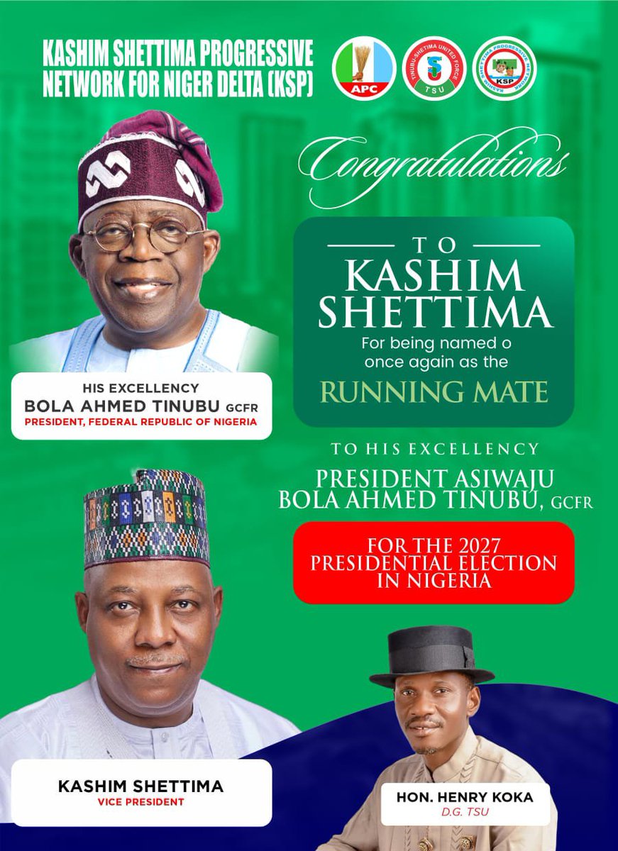 NigerDelta_APC's tweet photo. Congratulations Sir, Your Excellency for your second time Nomination as the Vice Presidential Candidate. 

More Wins Sir. @officialSKSM

CHIEF. (HON) HENRY KOKA

DG. TINUBU SHETTIMA UNITED FORCE (TSU)

LEADER/COORDINATOR: KASHIM SHETTIMA PROGRESSIVE NETWORK FOR NIGER DELTA (KSP) https://t.co/JTpHrjYRJK