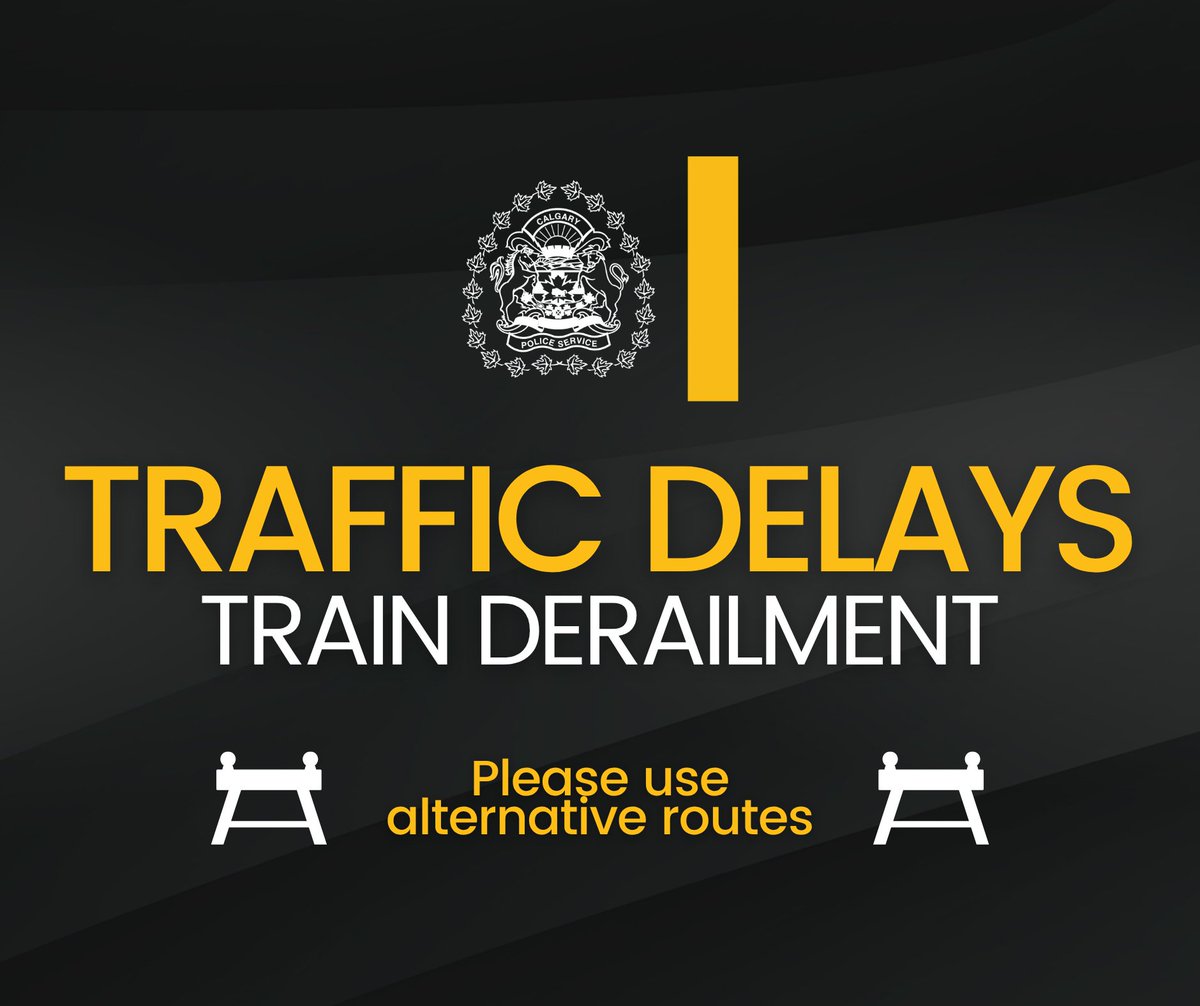 CalgaryPolice's tweet photo. 🚧 TRAFFIC DELAYS 🚧

CPS and CFD are on scene of a train derailment in which several train cars have gone into a body of water. 

Due to safety concerns at this time, we are asking the public to avoid the area. Traffic in the area of Shawville Gate and the nearby transit hub may be affected.

Please use alternative routes.