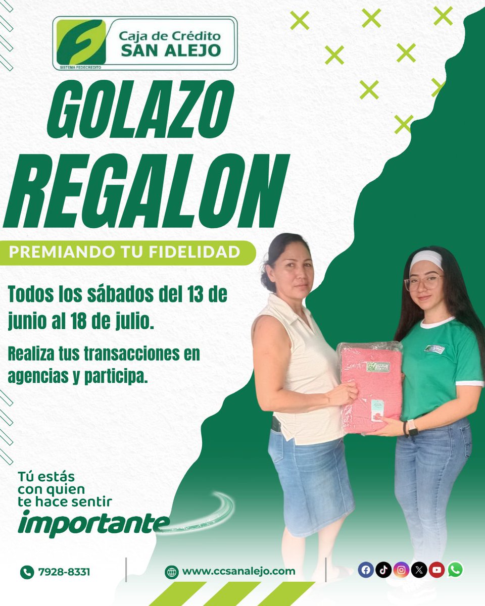 CajaAlejo's tweet photo. ⚽🎉 ¡Llega el momento de demostrar tu puntería con el #GolazoRegalón! 🎉⚽
Realiza tus transacciones financieras  y tendrás la oportunidad de entrar a la cancha para intentar anotar un gol. 🥅⚽
📅 Promoción válida todos los sábados comprendidos del 13 de junio al 18 de julio. https://t.co/739aj2MtwN