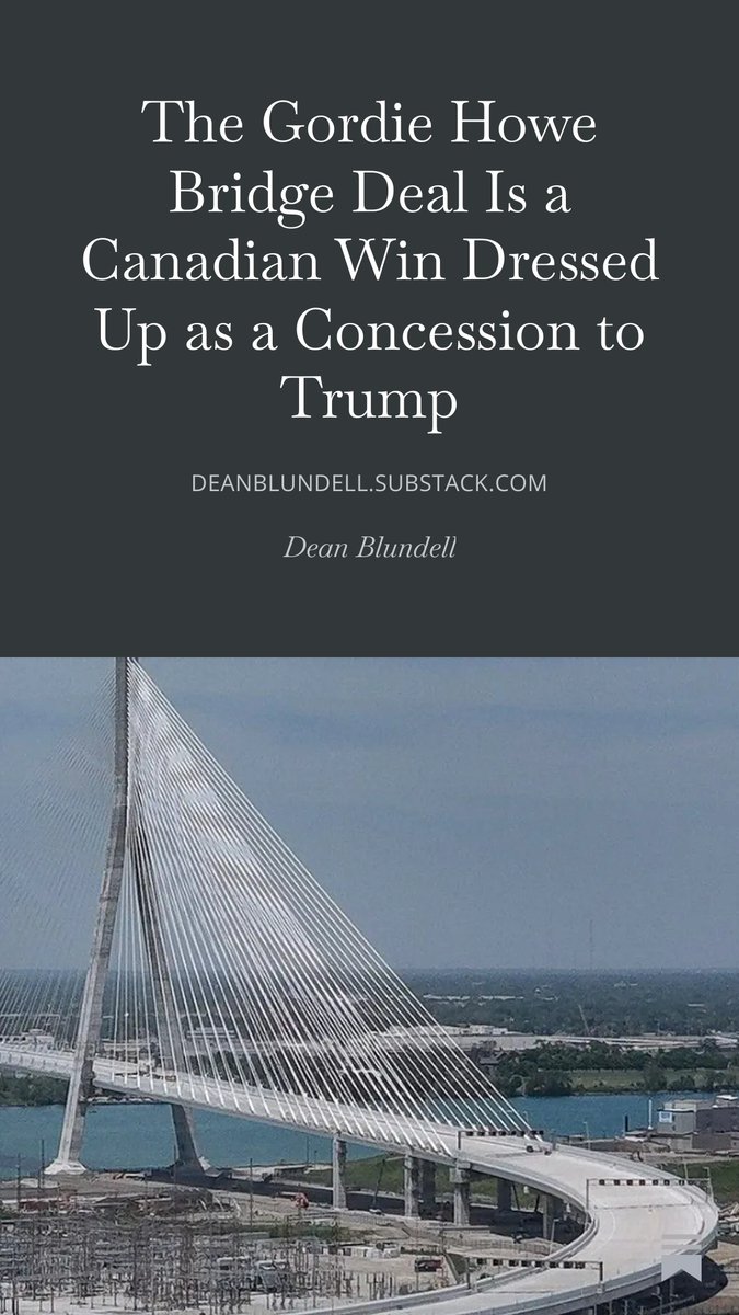 ItsDeanBlundell's tweet photo. 🚨They're telling you "Canada caved" on the Gordie Howe Bridge. Read the actual terms. 
The U.S. gets half of net profits, not revenue — after Canada's $6.4B is paid back first. Trump got a headline. 
Canada kept the bridge, the revenue priority, and the traffic. 👇 https://t.co/KkQ3qHijO2