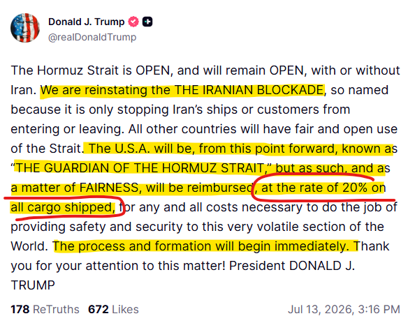 JavierBlas's tweet photo. BREAKING: US President Donald Trump says Washington is reinstating a naval blockade against Iran -- but also says the US will demand a 20% fee on all cargo shipped to guarantee the Strait of Hormuz is open to other countries (on first reading, that equals to ~$15 per barrel!!!!) https://t.co/ktpdkjrUOl