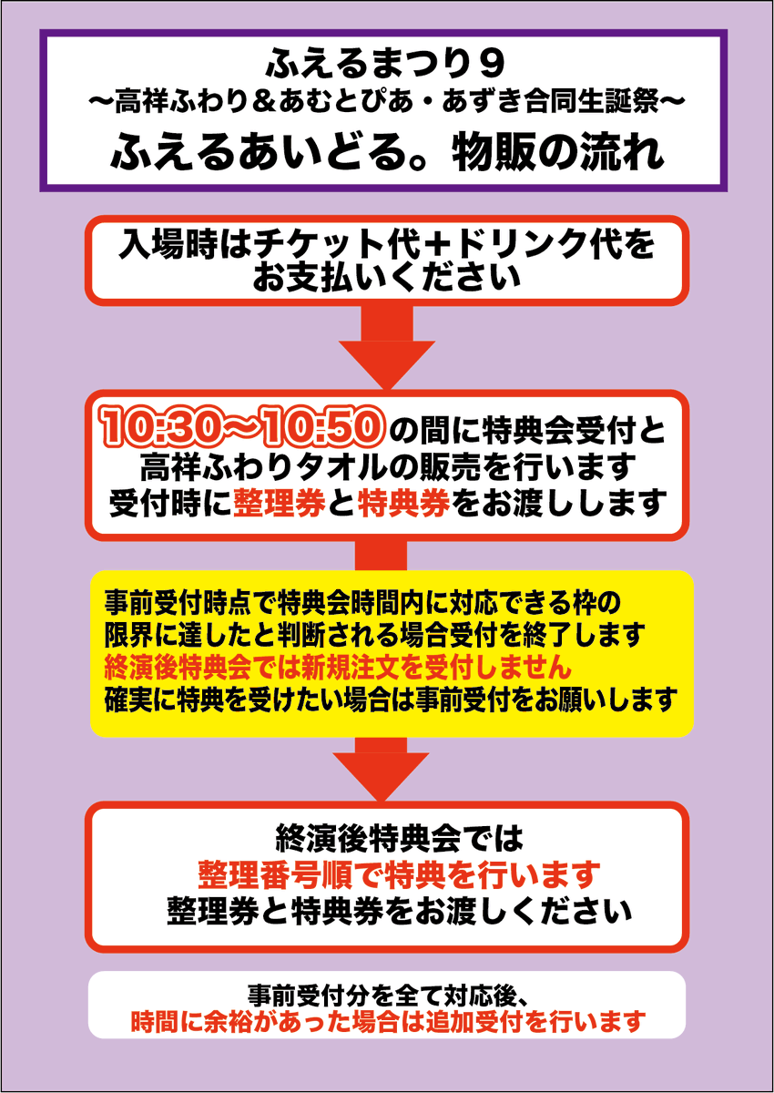 fueruidol's tweet photo. ⚠️補足⚠️
ふえるまつり９でのふえるあいどる。特典会の流れです

✅入場時は🎫🥛代をお支払いください

✅ふえあい特典会の受付は【10:30〜10:50】です
┗🐏タオルもこの時間に販売します

🙏ご確認よろしくお願い申し上げます🙏

#ふえるまつり９ https://t.co/d54gMyvmGz