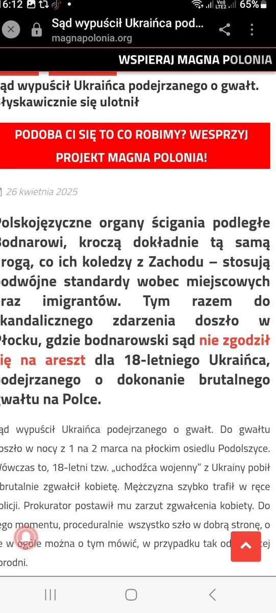 RM44590's tweet photo. "Sąd wypuścił Ukraińca podejrzanego o gwałt. Natychmiast się ulotnił.
Do gwałtu doszło w nocy z 1 na 2 marca na płockim osiedlu Podolszyce. Wówczas to, 18-letni tzw."uchodźca wojenny" z Ukrainy pobił i brutalnie zgwałcił kobietę. Mężczyzna szybko trafił w ręce policji. Prokurator postawił mu zarzut zgwałcenia kobiety.  Do tego momentu, proceduralnie wszystko szło w dobrą stronę, o ile w ogóle można o tym mówić, w przypadku tak odrażającej zbrodni. Problemy zaczęły się gdy prokuratura po postawieniu zarzutów wystąpił do sądu Rejonowego w Płocku o zastosowanie wobec podejrzanego instytucji aresztu tymczasowego . Tenże nie zgodził się na to twierdząc, że imigrant może odpowiadać karnie z wolnej stopy. W związku z tym 18-latek wyszedł na wolność i uciekł na Ukrainę.