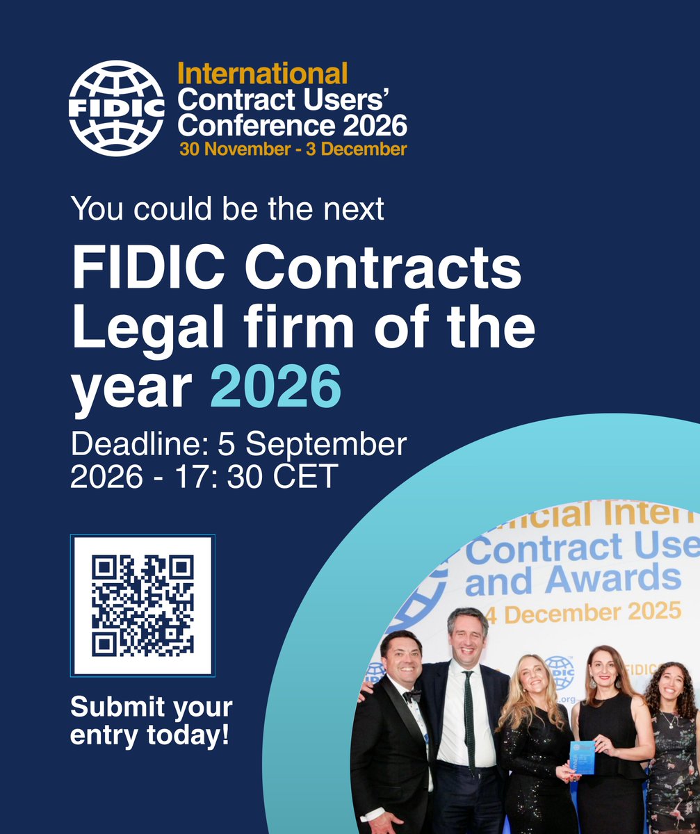 FIDIC's tweet photo. Legal Firm of the Year - FIDIC Contract Users' Awards!

Has your firm helped advance the correct use and understanding of FIDIC contract forms? Now's the time to be recognised. This award celebrates a firm whose legal services have made a material contribution to the wider practice of FIDIC contracts, whether through advisory work, drafting or dispute resolution. 

✅ Free to enter
✅ Deadline: 5 September 2026 

Submit your entry here👉 https://t.co/xAlCiTGO3p

#FIDIC #FIDICCUC #FIDICAwards #LegalFirmOfTheYear #ConstructionLaw