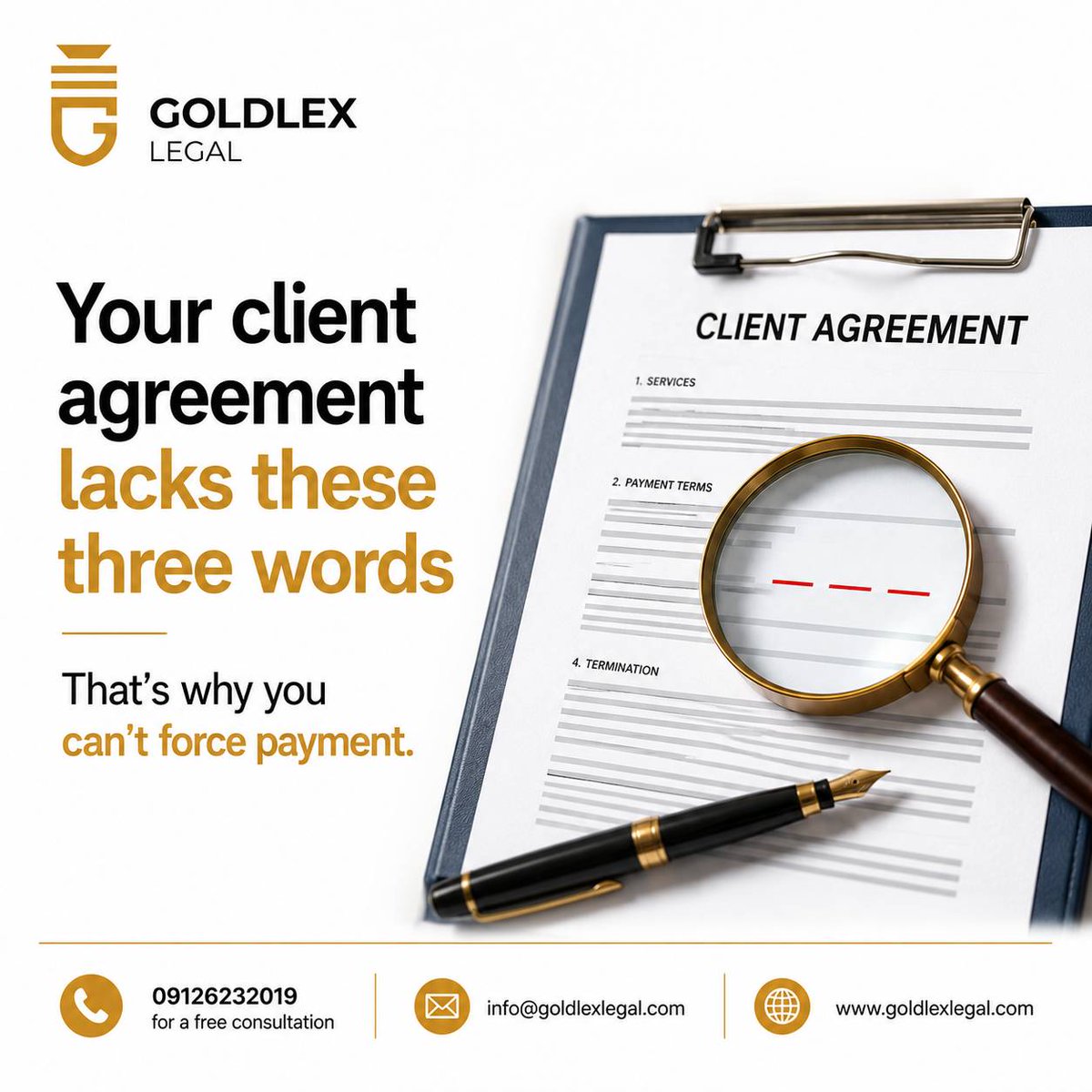 GoldlexLegal's tweet photo. If your client agreement doesn't have these 3 specific words, you can't force them to pay on time."

An "Attorneys' Fees Clause" mandates that clients pay for legal actions taken by you. Including this ensures your invoice gets treated quickly. 

#goldlexservices #payment #clause https://t.co/YiGZprYnur