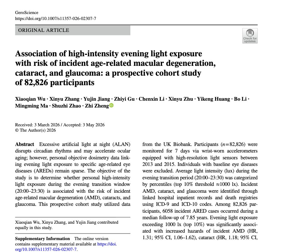 foundmyfitness's tweet photo. Artificial light at night is a risk factor for age-related eye disease.

Evening light exposure above 1,000 lux was associated with a 31% greater risk of macular degeneration, an 18% greater risk of cataract, and a 47% greater risk of glaucoma.

1000 lux is very bright (e.g., a heavily lit television studio), but it illustrates the risks of nighttime light that may still be present at lower levels of exposure to screens or bright bedrooms.