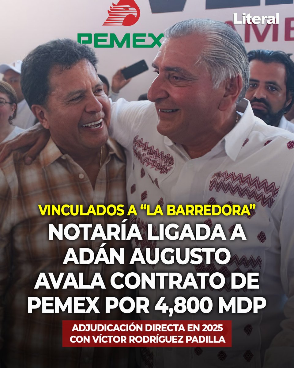 literalmexico's tweet photo. NOTARÍA LIGADA A ADÁN AUGUSTO Y LA BARREDORA avala contrato de Pemex por 4,800 millones

El contrato fue adjudicado durante la gestión de Víctor Rodríguez -detenido por violencia intrafamiliar- a una empresa constituida en una notaría vinculada al entorno de Adán Augusto López, Ricardo Aldana encabeza el sindicato petrolero

📢 Más información en:
https://t.co/JkM52dnXWV