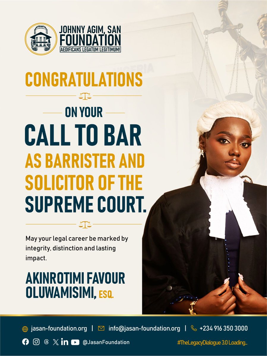JasanFoundation's tweet photo. From Beneficiaries to Barristers.
This milestone is not just a personal victory for our beneficiaries, it is also a testament to what structured support, mentorship, and unwavering belief can achieve.
#JASANFoundation
#BuildingALastingLegacy
#Legacy500 https://t.co/yn6m0d8A6Z