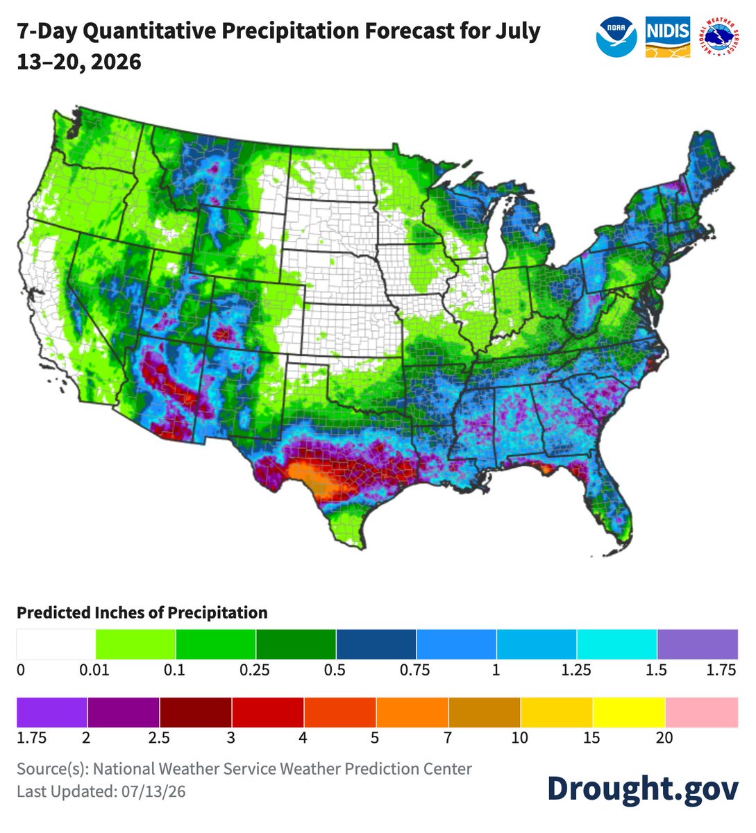NOAADrought's tweet photo. This week's precip forecast by @NOAA's @NWSWPC
Heavy monsoonal rains move into the Southwest and TX. The South/Southeast and a few other scattered areas may see inches of precip too.
Dry for the Plains (except TX) and a large part of the Midwest. https://t.co/s8Wz6Q9cl6 @NWS https://t.co/Pc7W8LoTTh