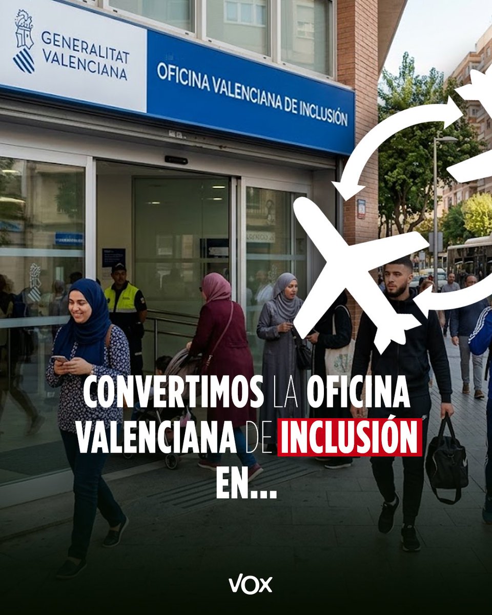 vox_cv's tweet photo. ¿Oficina Valenciana de Inclusión? Se acabó. ❌

Con la aprobación de nuestra enmienda a los presupuestos, convertimos este organismo en la Oficina Valenciana de Arraigo y Retorno para fomentar el retorno voluntario de los inmigrantes. ✈️🇪🇸

Cambiamos el modelo de integración y puertas abiertas por el de retorno, control de fronteras y seguridad en nuestros barrios. 👋🏻