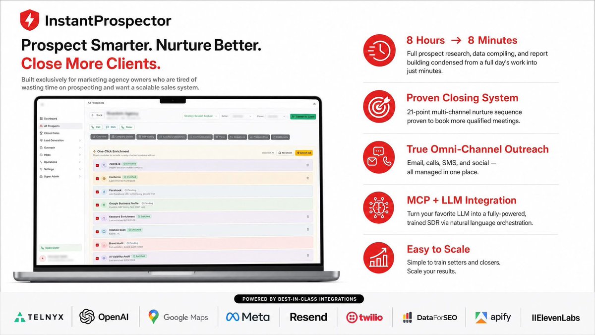 LaneHouk's tweet photo. MARKETING AGENCY OWNERS:

Over 80% of all agencies in the USA are stuck under $1MM ARR  

Founder bottlenecks and no real prospecting/sales system are the top 2 reasons why.

https://t.co/AxwCjeyXyJ solves the sales system problem.

Instantly train a SDR or appointment setter.

Scale prospecting like never before.

Reduce prospecting, research, enrichment, report and video building from 3-5 hours down to 15 minutes.
