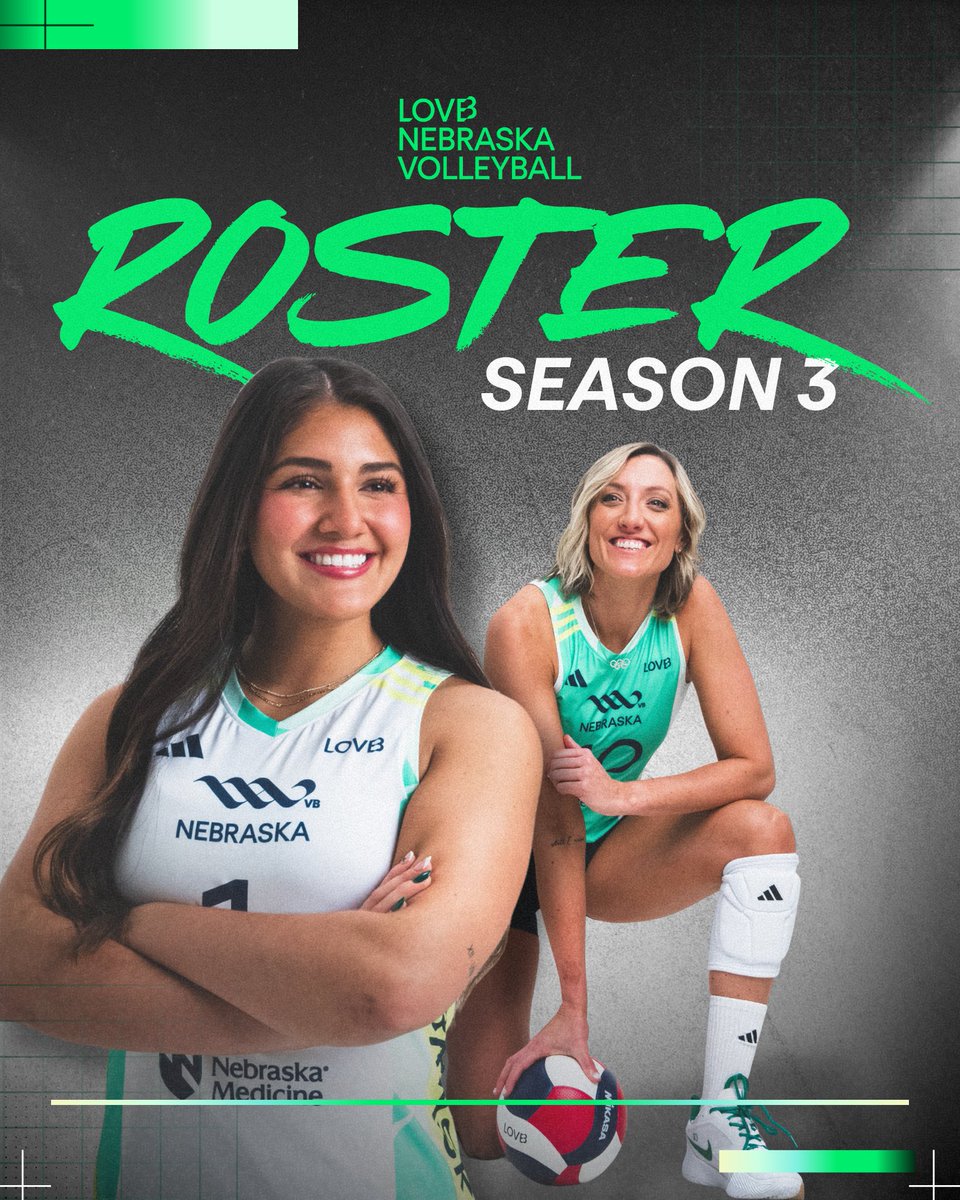 lovbneb's tweet photo. Olympians.
National team athletes.
Champions.
Homegrown stars.
Nebraska roots.
World-class experience.
Built to compete.
Built for this state.

Nebraska, this is your professional volleyball team.

Introducing the 2026-27 LOVB Nebraska roster! 🌽💚 https://t.co/XtPGaz5FjR