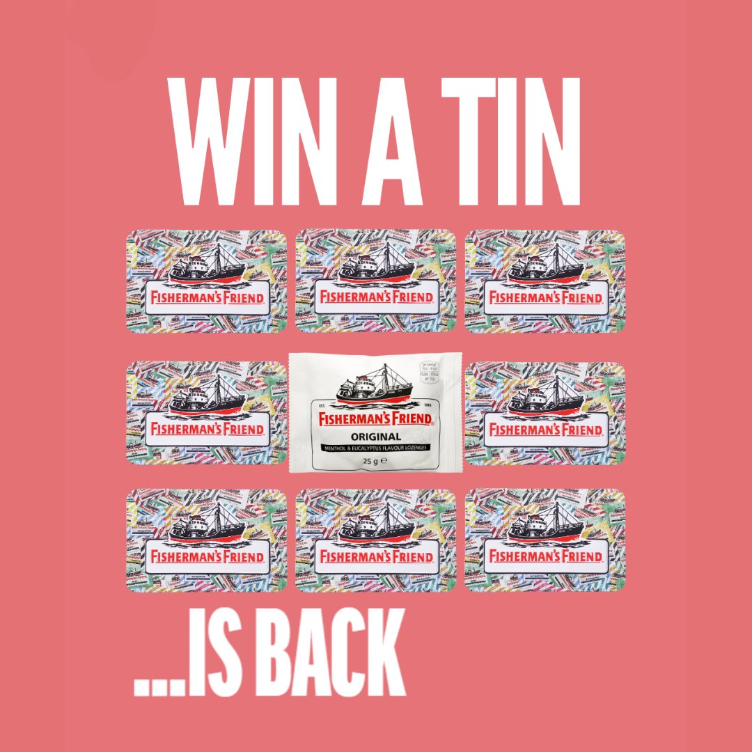 Fishermans_UK's tweet photo. ✨GIVEAWAY ✨Want to upgrade your lozenge game? We've got 10 Fisherman's Friend tins up for grabs! To enter: 
✅ Follow @Fishermans_UK 
✅ Like this post 
✅ Tag a friend 
Good luck! Closes 24 July at 11.59pm. Winners contacted on 25 July 2026 from this account ONLY. #WinaTin https://t.co/kbbFHlMhpd