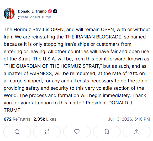 michaelh992's tweet photo. Trump says he is restoring the Hormuz blockade against Iran https://t.co/NHV6DVzI8M