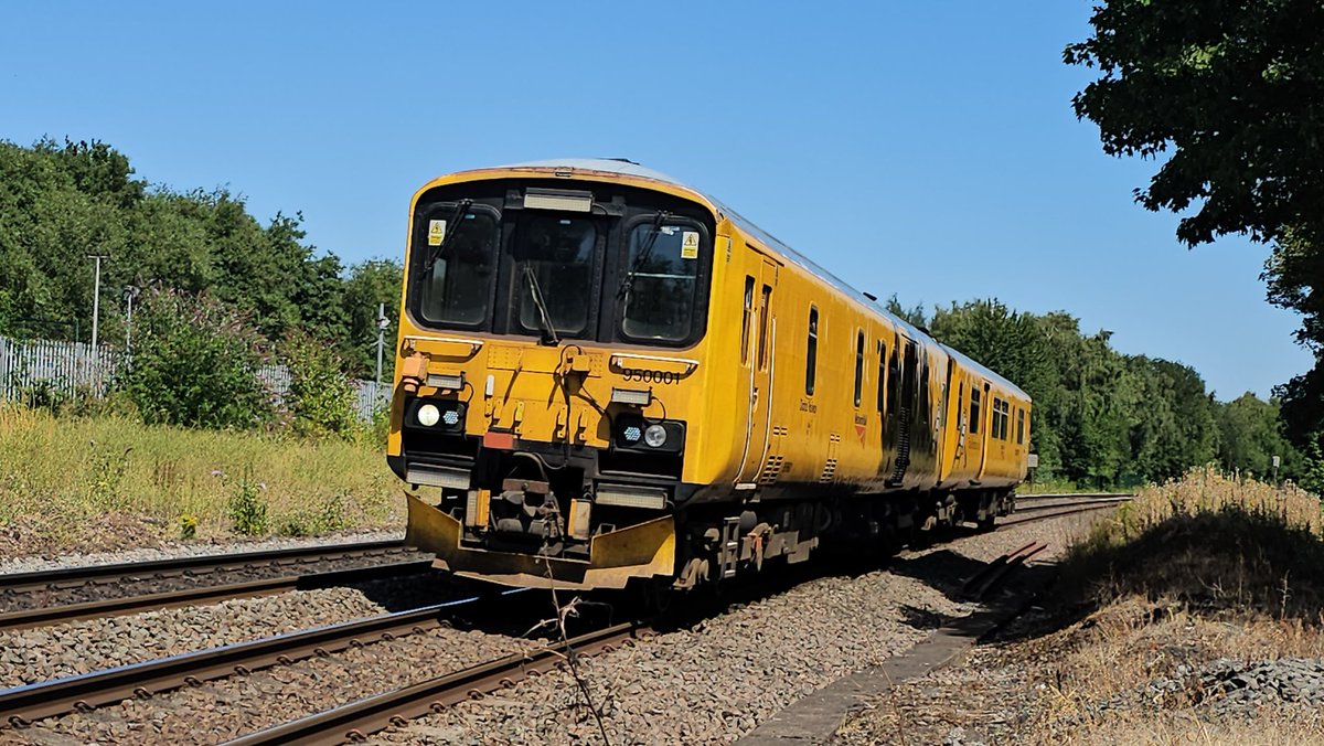 Harrod15S's tweet photo. Shes still running the rails, 950001 through Denaby LC this afternoon working 2Q08 Slateford to Derby RTC. I've lost count of the amount of times ive said potentially seen for the last time but.... think September is her goodbye 🫡 #class950 #trains #Networkrail #testtrains https://t.co/lqSAcNpPwU